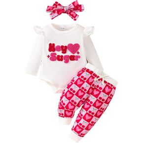 Valentine's Day Newborn Baby Girl Outfits Love Heart Patch Romper Patterned Printed Pants Headband