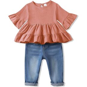 Mioglrie Toddler Girl Clothes Denims Outfits Ruffle Shirt Jeans Pants Set Toddler Baby Clothes for Girl