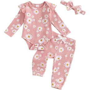 Newborn Baby Girl Outfits Flower Ribbed Ruffle Long Sleeve Romper and Pant set 3pc Infant Girl Fall Winter Clothes