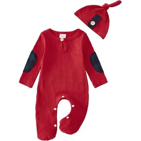 Baby Boys Girls One-Piece Footies Unisex Newborn Ribbed Knit Romper Button Hat 2Pcs Infant Clothes Set
