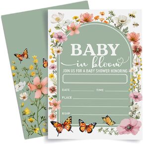 Floral Baby Shower Invitation for Girl, Baby in Bloom Baby Shower Invitation Wildflower Sage Green Baby Shower Party Invites Card, 20 Invites with Envelopes (4"x6")