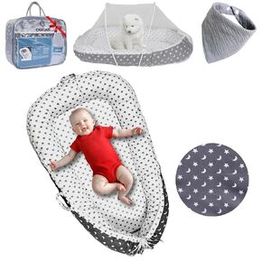 Baby Lounger for 0-24 Months Baby Girl and Baby Boy with Mosquito Net and Baby Bib I 100% Cotton Breathable & Soft Baby Nest I Reversible Design, Portable Infant Lounger I Newborn Baby Essential Gifts