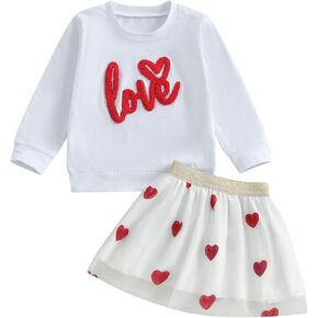Emmababy Toddler Girl Valentines Skirt Set Ruffle Pearls Sweatshirt Long Sleeve Heart Print Skirt Kids Valentines Day Outfit