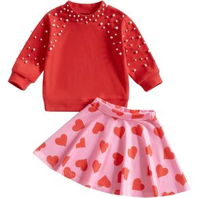 Emmababy Toddler Girl Valentines Skirt Skirt مجموعة لؤلؤة كشكش قميص قميص طويل الأكمام تنورة طباعة الأطفال