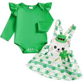 Newborn Baby Girl Valentines Outfit Long Sleeve Romper Easter Bodysuit Suspender Skirt Cute St Patricks Day Outfit