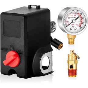 Air Compressor Pressure Switch 26 Amps 120/240 Volts 120-155 Psi with 0-200 Psi Air Gauge 1/8''NPT and Safety pressure relief Valve 1/4 Male NPT