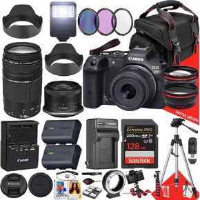 Canon EOS R7 Mirrorless Camera with 18-45mm and 75-300mm Lens + 128 GB Memory + Hood + Spare Travel Charger + Filters + Tripod + More (33pc Bundle) (Renewed), Black in Kuwait