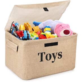 Toy Basket Storage Box Organizer, Collapsible Burlap Toy Storage Basket Bin with Lid, 15"x10"x9.8" Kids Toys Organizer Toy Holder for Nursery, Playroom, Living Room