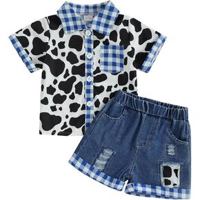 Emmababy Infant Western Clothes Boy Toddler Denim Outfit Plaid Short Sleeve Shirts Jeans Shorts Baby Cow Farm Gentleman Suits