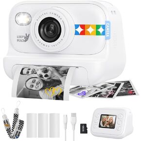Instant Print Camera for Kids, Birthday Gifts for Girls and Boys Ages 3-12 - 1080P Video Camera for Kids, Gift Ideas for Boys Ages 3 4 5 6 7 8 9 10 11 12 - Girls' Gifts for Christmas/Holidays - White