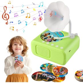 Kids Gramophone with 96 Cards, Children's Phonograph Story Music Player Gift Boys Girls,Toddler Toys Early Childhood Education Gift Birthday 3-6 Years Old (Green)