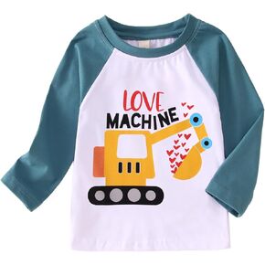 Toddler Baby Boys Valentine's Day Shirt Excavator Heart Graphic Long Sleeve T-Shirt Love Machine Letter Print Top