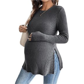 Women's Maternity Ribbed Knit Shirts Ruffle Hem Split Side Tee Tops Crew Neck Long Sleeve T Shirts Pregnancy Clothes