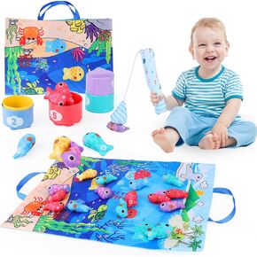 Cloth Fishing Game Toy & Stacking Cups Set - Montessori Toddler Toys for 1 Year Old | Educational Number Counting, Color Sorting, Shape Learning | Fun Learning Toy Gift for Boys & Girls Age 1-3