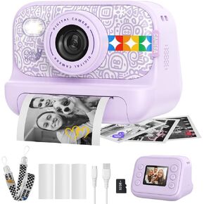 Instant Print Camera for Kids, Birthday Gifts for Girls and Boys Ages 3-12 - 1080P Video Camera for Kids, Gift Ideas for Boys Ages 3 4 5 6 7 8 9 10 11 12 - Girls' Gifts for Christmas/Holidays - Purple