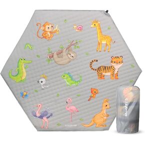 Self Inflating Hexagon Playpen Mat - Non-Slip Cushioned Portable Play Mat - Thick Soft Baby Play Mats for Floor - Easy Care Playmat for Babies, Infants, Toddlers - Baby Crawling Mat - Safari