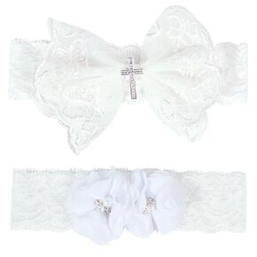 June Bloomy Baby Girls Baptism Soft Lace Headband Newborn Infant Bowknot Flower Christening Hair Bands (White)