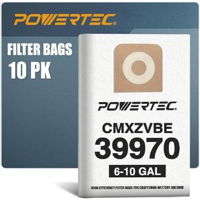 POWERTEC CMXZVBE39970 Vacuum Bags for Craftsman 39970 10PK, for Craftsman CMXEVBE 17155, 17584, 17590, 18590, 18690, 6 to 10 Gallon Replacement Dust Collection Bags, Shop Vacuum Bags (75072-P5)