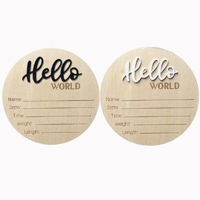Baby Announcement Sign, 2 Pcs 5.9 Inch Wooden Hello World Newborn Sign Birth Announcement Signs, Newborn Name Sign Plaques, Hello World Nursery Decor Sign and Photo Prop for Baby (Black and white)