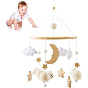 Baby Crib Mobile for Boys Girls | Boho Nursery Mobile | Felt Ball Bed Bell Mobile Crib | Ceiling Mobile - Stars, Clouds, Moon | Pendant Toy Wooden Wind Chime Nursery Decoration (Cream Colour)