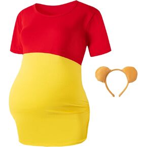 Halloween Maternity Bear Costume Women Red and Yellow Pregnancy Short Sleeve T-Shirt With Hair Hoop (XXL, Yellow)