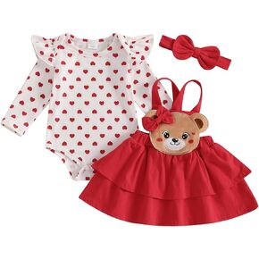 Newborn Baby Girl Valentine’s Day Outfit Long Sleeve Romper Bear Embroidery Tulle Suspender Skirt Headband Set