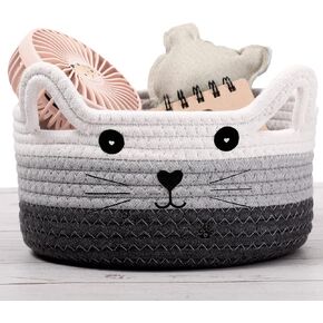 Zopeal Cat Storage Basket Woven Organizer with Ears Decorative Pet Toy Cute Bin Cotton Rope Basket for Gift Cat Dog Toy Container Nursery Room(8.3 x 4.7 Inch,White)