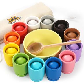 Ball in Cup Montessori Toy Wooden Rainbow Color Sorting Toy for Toddlers Preschool Color Matching Toy - 12 Ball 40mm