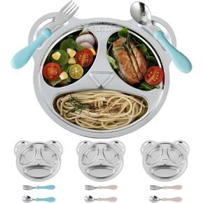 Set of 4 Stainless Steel Divided Plates and utensils for kids,3 Compartment Toddler Plate Metal Kid Dinner Tray BPA Free, Cute Panda Shape Toddlers Dishes Dinnerware Picky Eater bowls