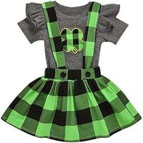 Baby Girls St.Patrick's Day Outfits Shamrock Clover Print Ruffle Short Sleeve Romper +Green Plaid Suspender Skirt Set
