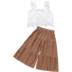 VISGOGO Kids Baby Girls Summer Outfit Solid Color Sleeveless Lace Toddler Tank Tops Bell-bottom Wide Leg Pants Set