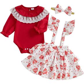 Newborn Baby Girl Valentines Outfit Long Sleeve Romper Bodysuit Suspender Skirt Set Cute Day St Patricks Day Outfit