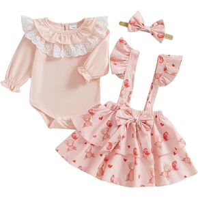 Newborn Baby Girl Valentines Outfit Long Sleeve Romper Bodysuit Suspender Skirt Set Cute Day St Patricks Day Outfit