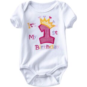 Baby Boy 1st Embroidery Birthday Outfit Colorful Infant Girl First Birthday Clothes (White Pink, 12-18 Months)