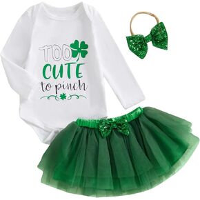 Infant Baby Girl St Patricks Day Outfit Long Sleeve Clover Romper + Lace Tutu Skirt + Bow Baby Girl Green Outfit