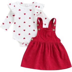 Rtnnsbbfcm Newborn Baby Girl Valentine's Day Outfit Ruffle Long Sleeve Heart Print Knit Romper Suspender Skirt 2Pcs Set