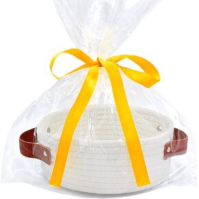 ABenkle Small Storage Basket, Mini Round White Basket, Cute Tiny Cotton Rope Woven Basket, Shelf Basket, Boho Decorative Basket for Nursery, Spa, Empty Gift Basket with Gift Bags and Ribbon