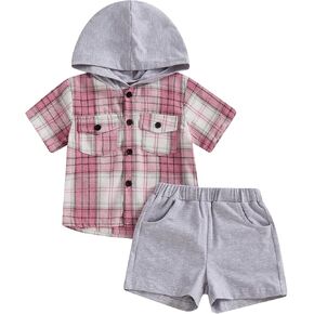 Douhoow Toddler Boys Summer Clothes Short Sleeve Plaid Hooded Baby T-shirt with Shorts Baby Boy Outfits
