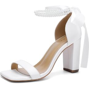 Lace Up Bow Heels for Bride, Pearl Embellished Block Heels