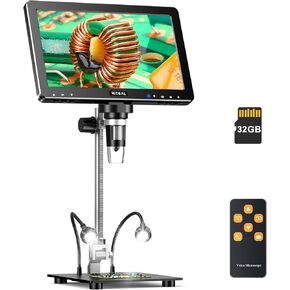 HM10 10.1" HD IPS Digital Microscope 1200X, 16MP Coin Microscope Magnifier for Error Coins with Light, 1080P LCD Soldering Microscope for Adults with Screen, PC View, 32GB