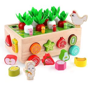 SKYFIELD Montessori Wooden Garden Toy for Baby Boys Girls 1 2 3 Years Old, Fine Motor Skills Developmental Gift Toy Color Shape Fruit Sorting Orchard Cart Farm Game for Toddler 1-3