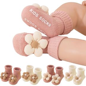 4Pairs Toddler Non Slip Socks with Grips Flower Anti Skid Crew Infants Baby Boy Girl Socks