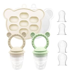2 Pack Baby Fruit Food Feeder & Mini Freezer Tray Combo, Breastmilk Popsicle Molds for Baby Cooling Relief, BPA Free Silicone Feeder for Safe Infant Self Feeding, 4 Month+（Pink&Beige）