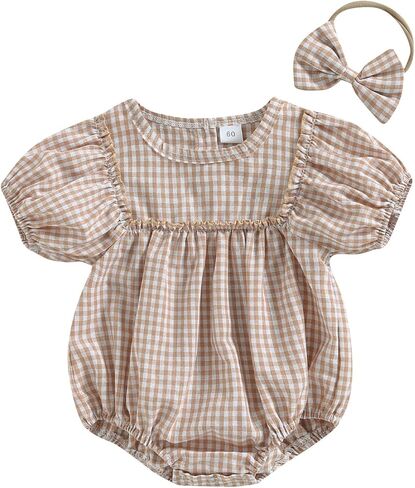 Infant Baby Girl Summer Outfit Plaid Romper Boho Short Sleeve Ruffle Bodysuit with Headband Clothes in Kuwait