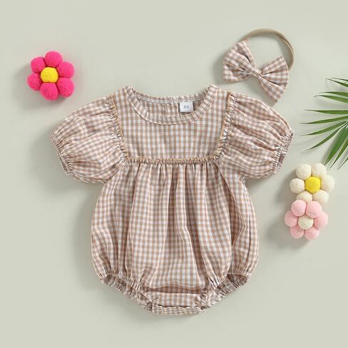 Infant Baby Girl Summer Outfit Plaid Romper Boho Short Sleeve Ruffle Bodysuit with Headband Clothes in Kuwait