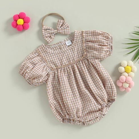 Infant Baby Girl Summer Outfit Plaid Romper Boho Short Sleeve Ruffle Bodysuit with Headband Clothes in Kuwait