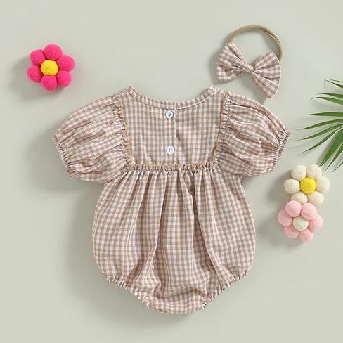 Infant Baby Girl Summer Outfit Plaid Romper Boho Short Sleeve Ruffle Bodysuit with Headband Clothes in Kuwait
