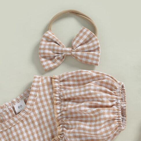 Infant Baby Girl Summer Outfit Plaid Romper Boho Short Sleeve Ruffle Bodysuit with Headband Clothes in Kuwait