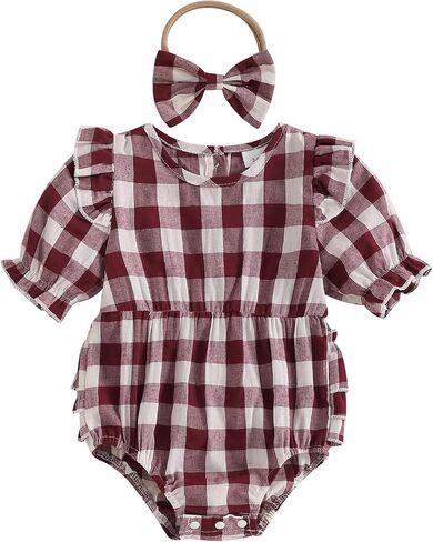 Infant Baby Girl Summer Outfit Plaid Romper Boho Short Sleeve Ruffle Bodysuit with Headband Clothes in Kuwait