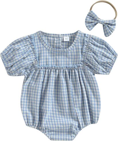 Infant Baby Girl Summer Outfit Plaid Romper Boho Short Sleeve Ruffle Bodysuit with Headband Clothes in Kuwait